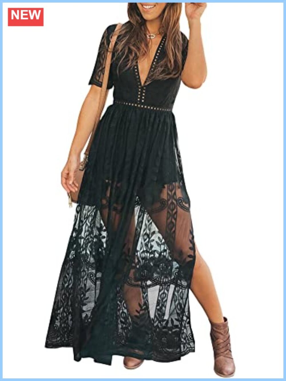 Women's Deep V-Neck Lace Romper Maxi Dress Short Sleeve Formal